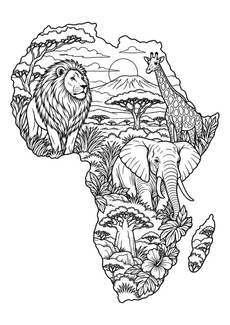 Black-and-white coloring page of an Africa-shaped wildlife illustration with a lion, giraffe, elephant and African landscapes.