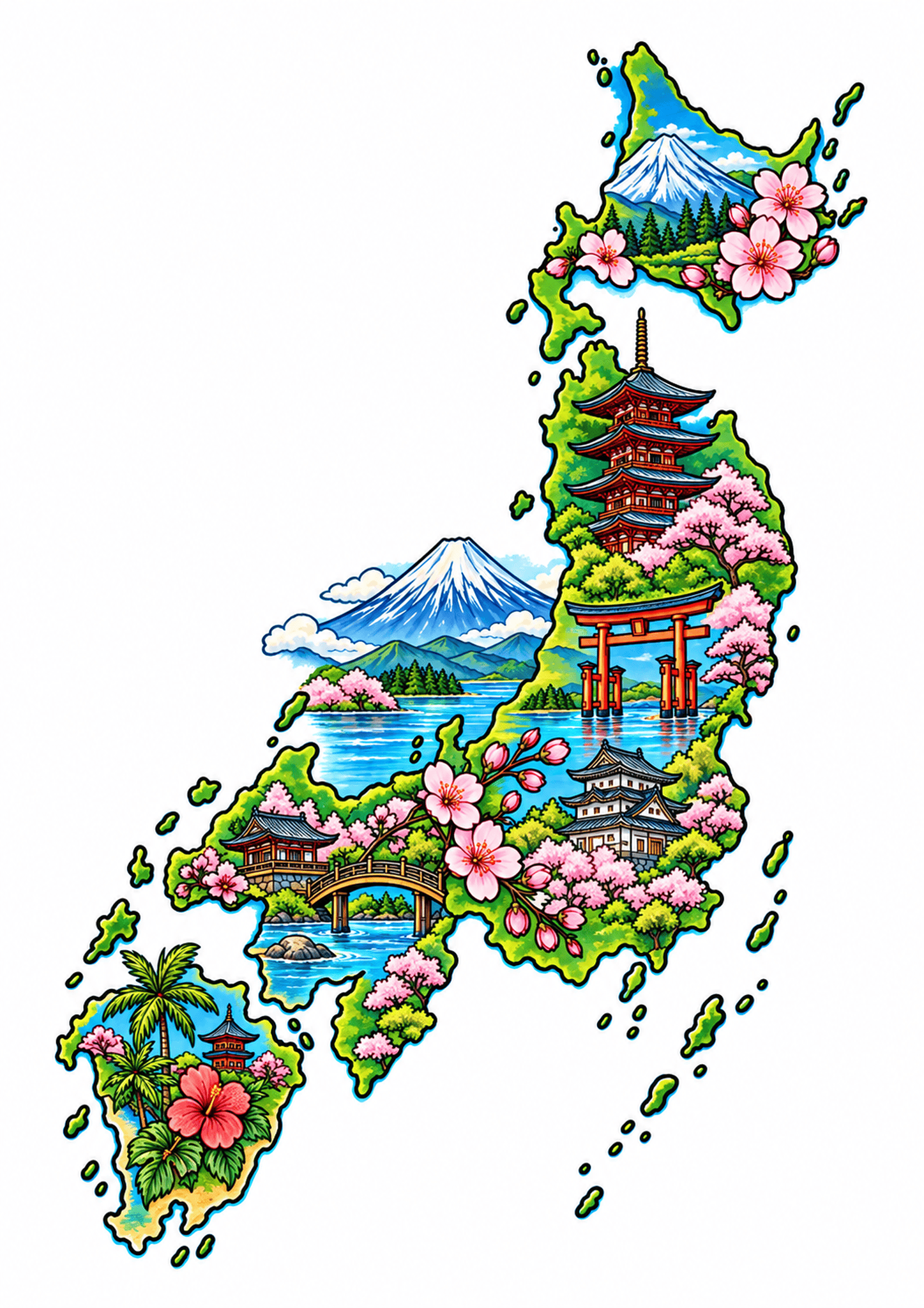 Map-shaped illustration of Japan with Mount Fuji, cherry blossoms, temples, and a torii gate.