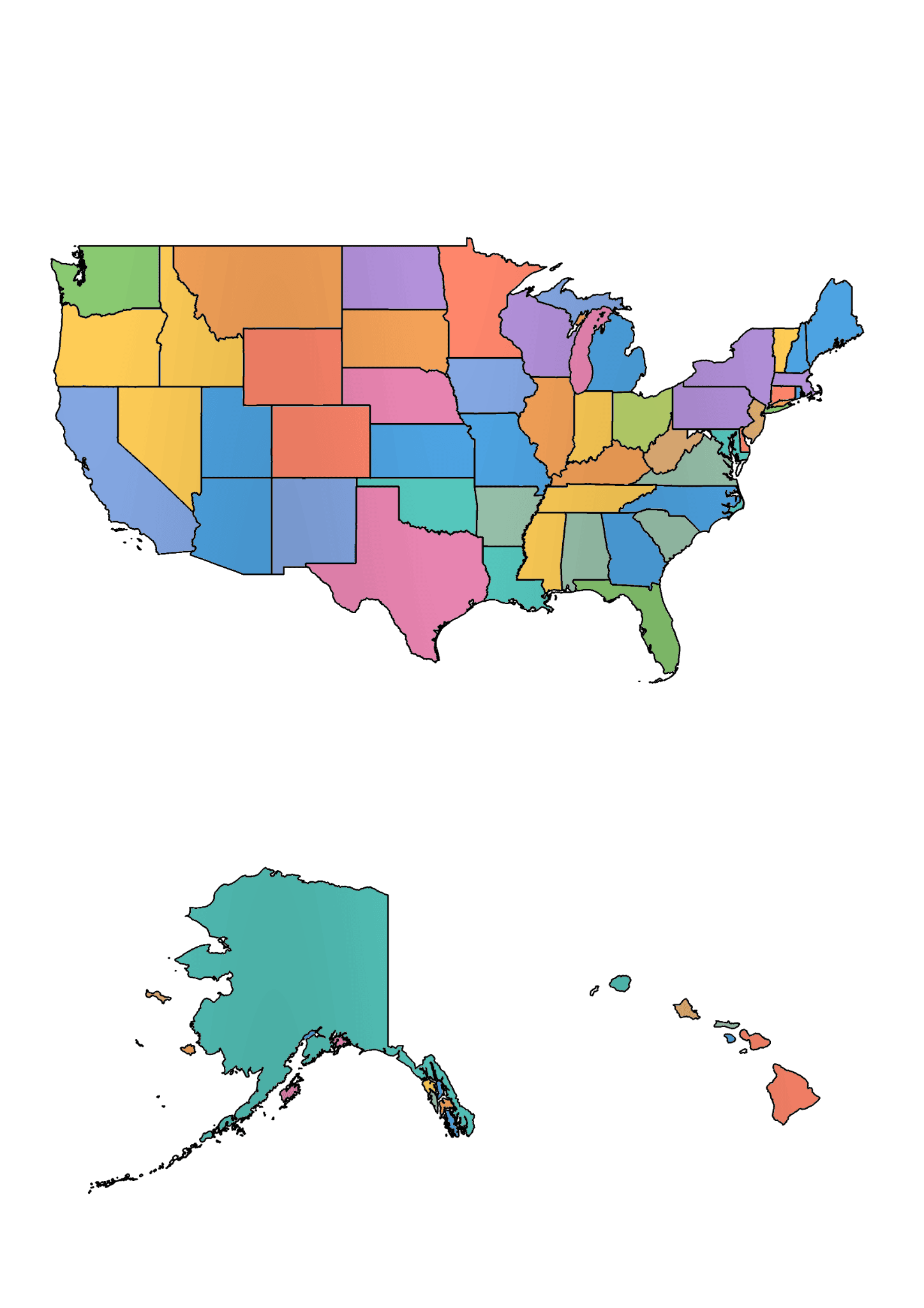Map of the United States with state boundaries colored in distinct shades, including Alaska and Hawaii.