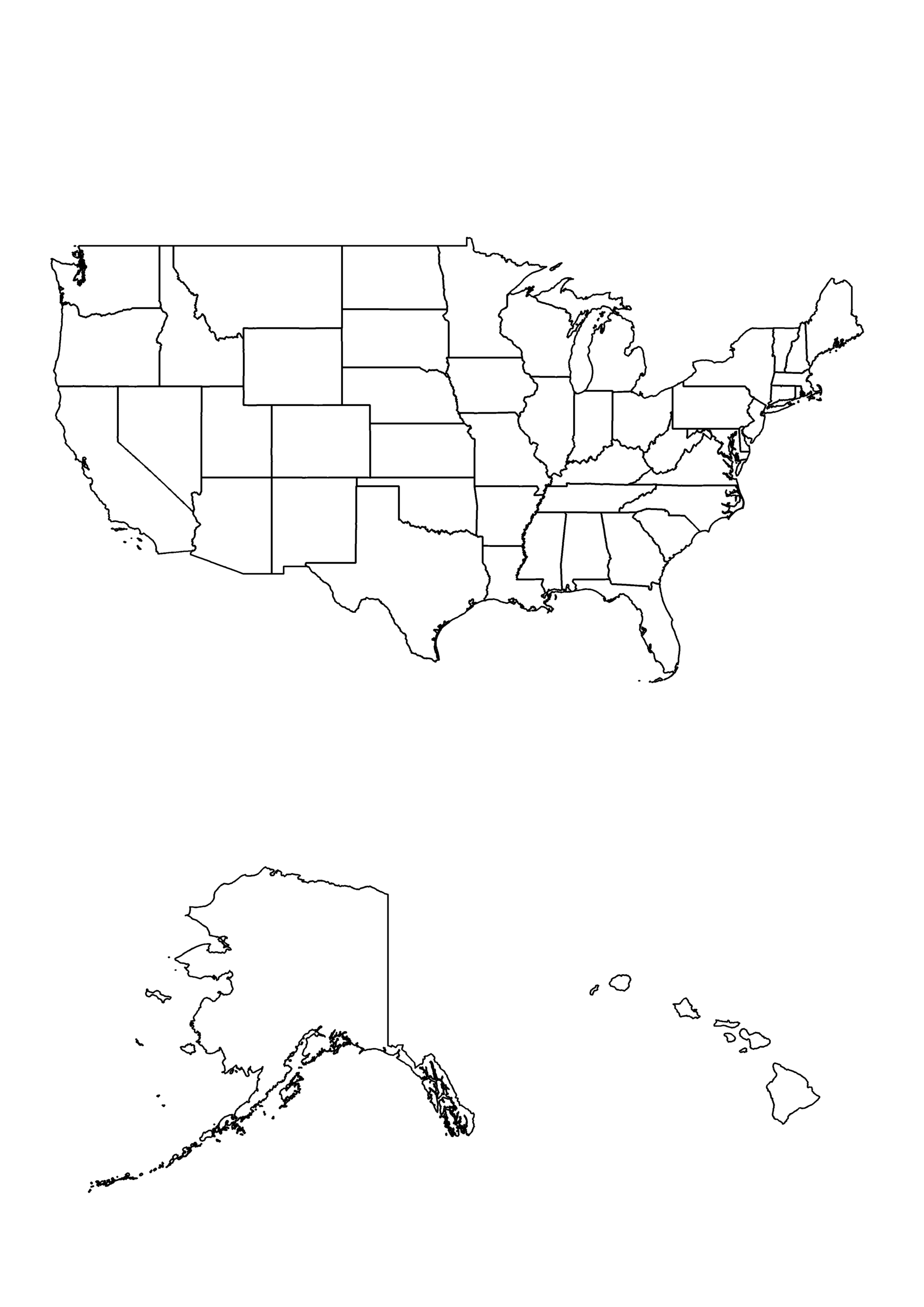 Black-and-white coloring page of an outline map of the United States showing state borders, including Alaska and Hawaii.