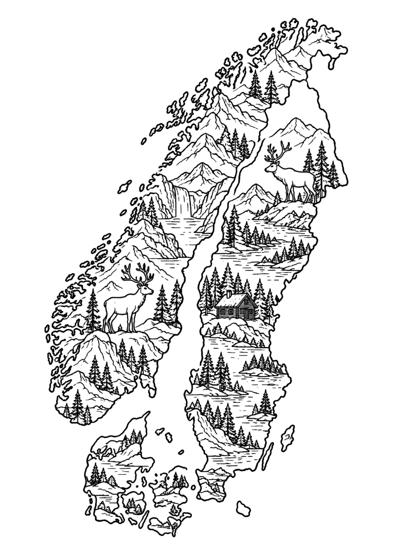 Black-and-white coloring page featuring a decorative map of Scandinavia with Nordic motifs.