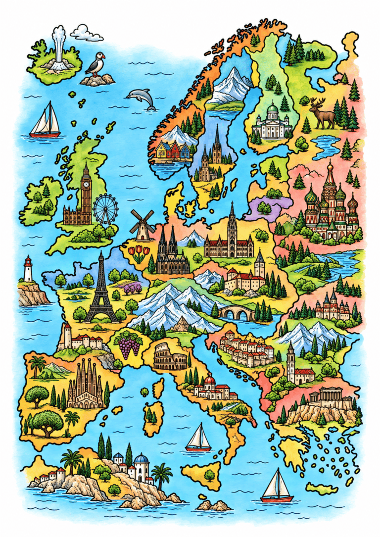 Illustrated European travel map with landmarks, landscapes, boats, and regional scenery.