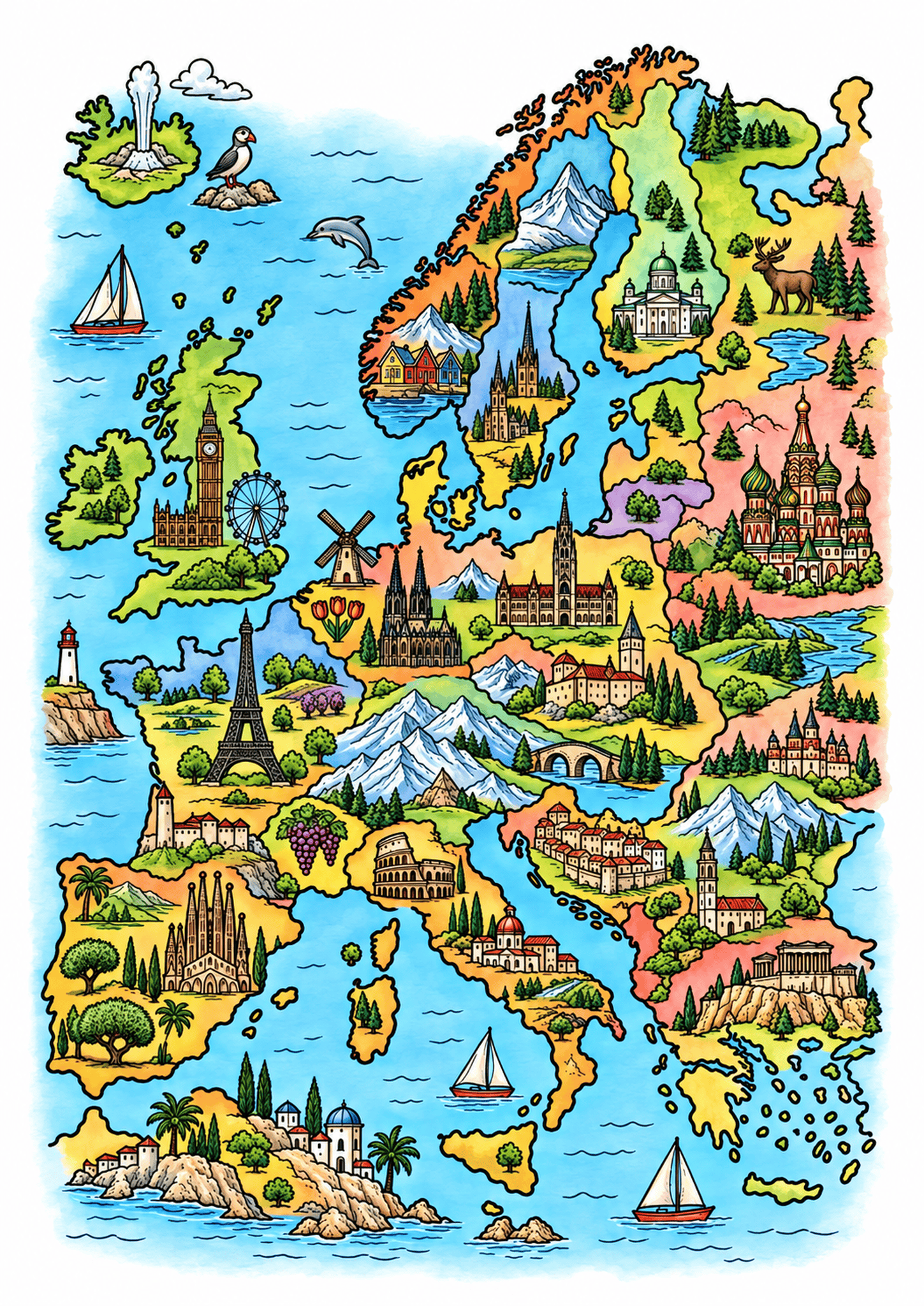 Illustrated European travel map with landmarks, landscapes, boats, and regional scenery.