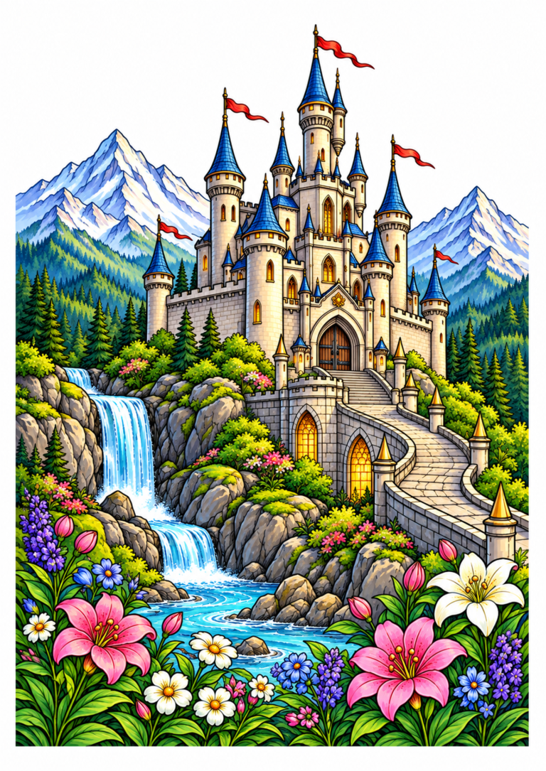 Enchanted castle with blue turrets above waterfalls and a flower-filled mountain valley.