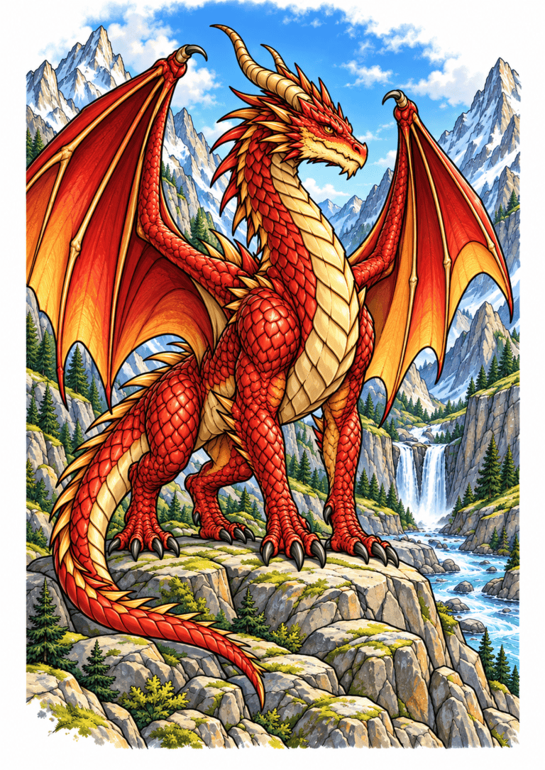 Red dragon with wide wings standing on a rocky ledge above a mountain waterfall.