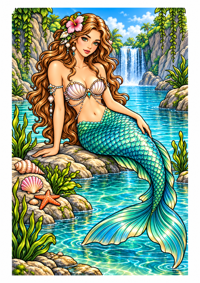 Mermaid with a turquoise tail beside a tropical lagoon and waterfall.
