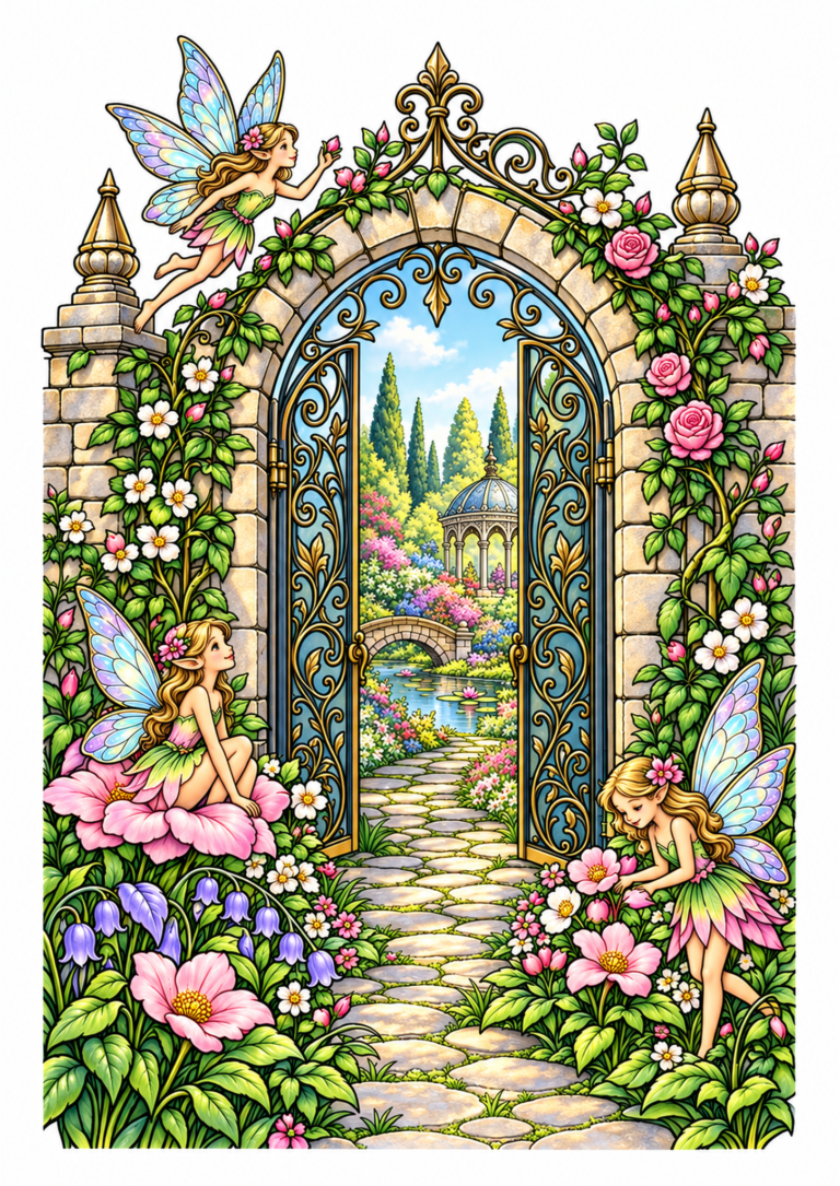 Three fairies among flowers beside an ornate gate leading into a lush garden.