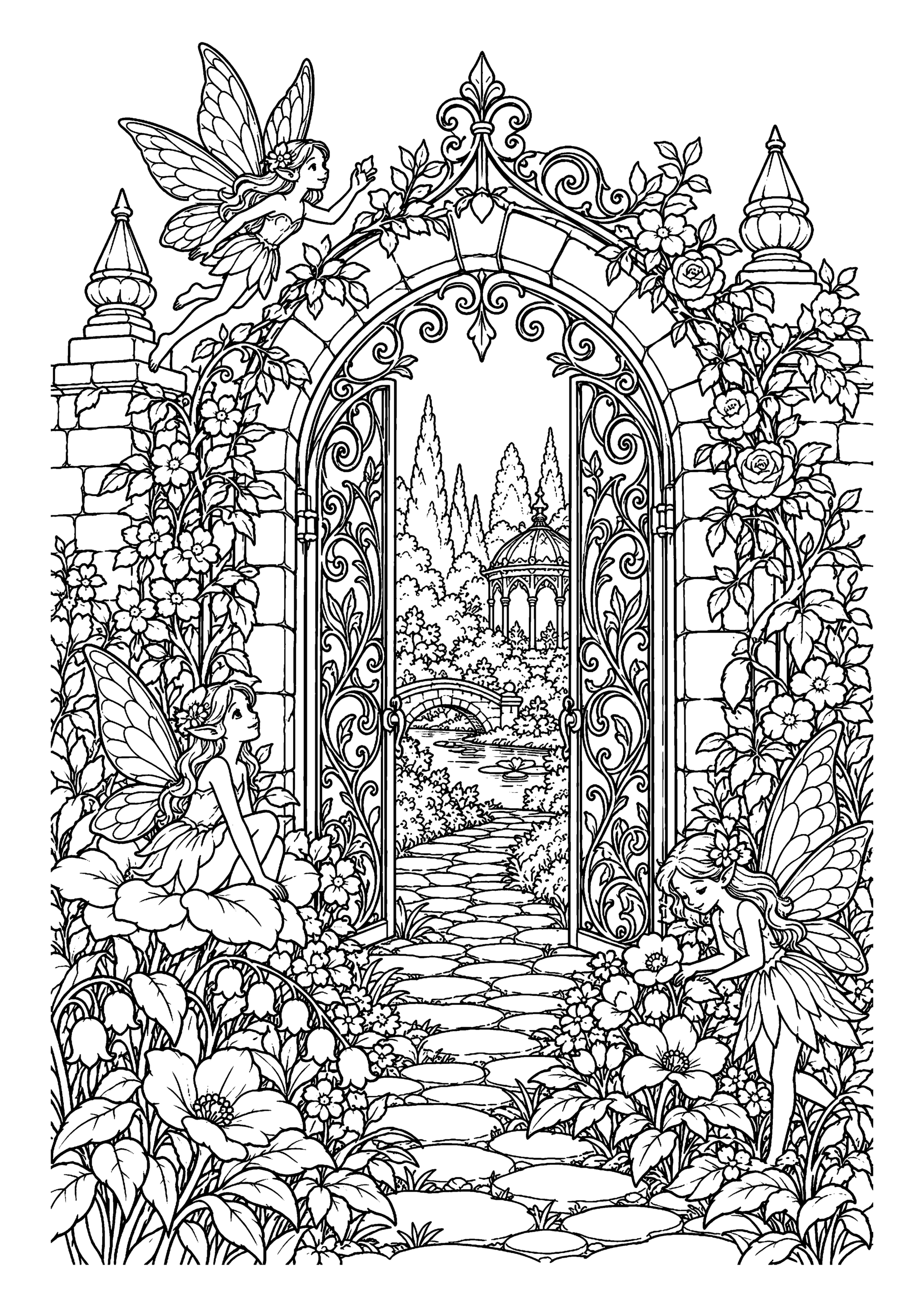 Black-and-white coloring page of an ornate arched garden gate covered in roses and surrounded by flowering plants.
