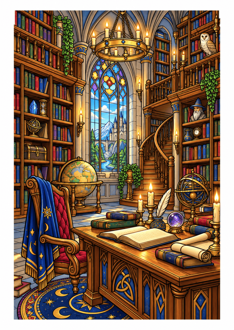 Wizard library with tall bookshelves, candles, globes, a staircase, and an open spellbook.
