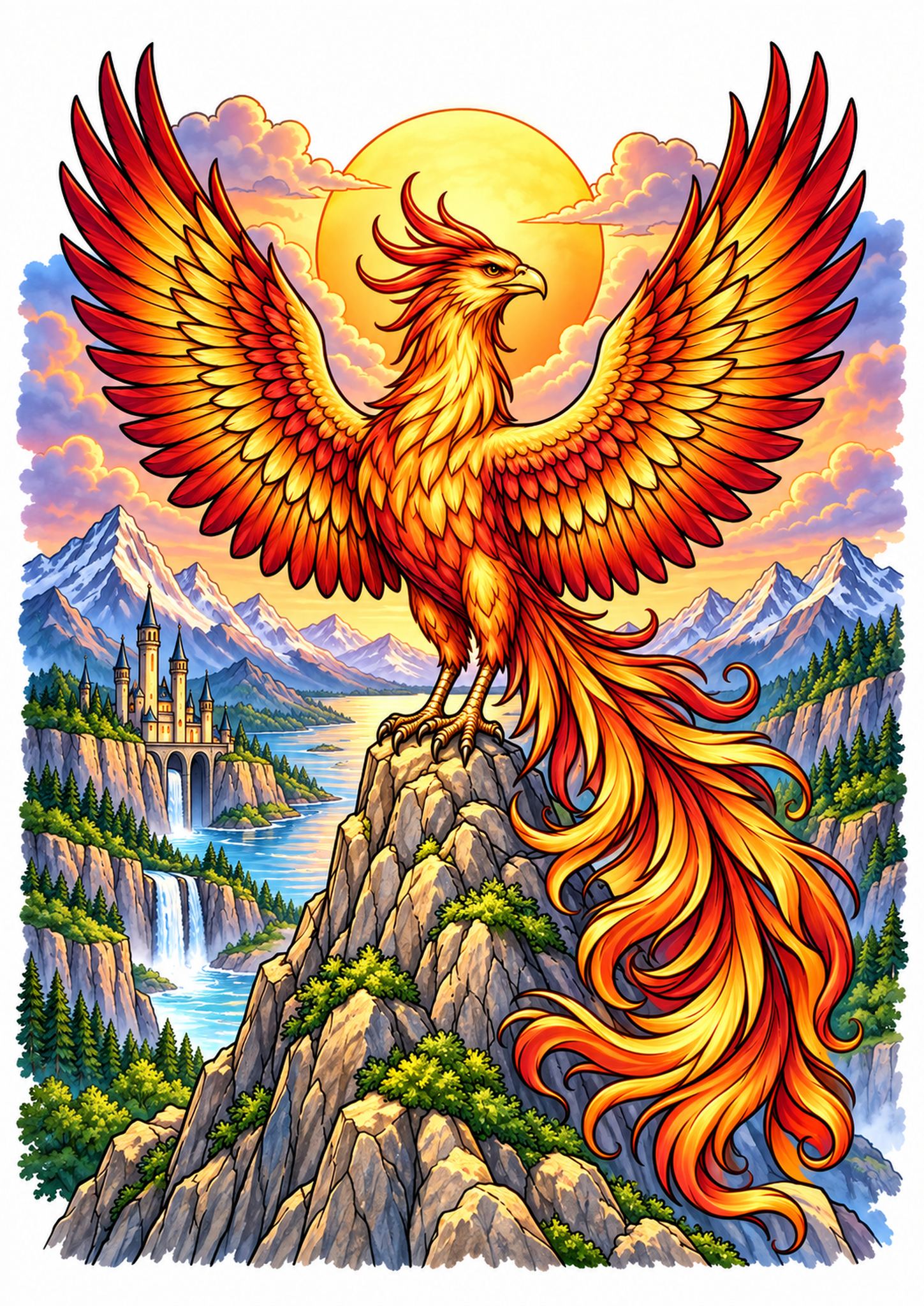 Fiery red and gold phoenix spreading its wings above a mountain valley at sunset.