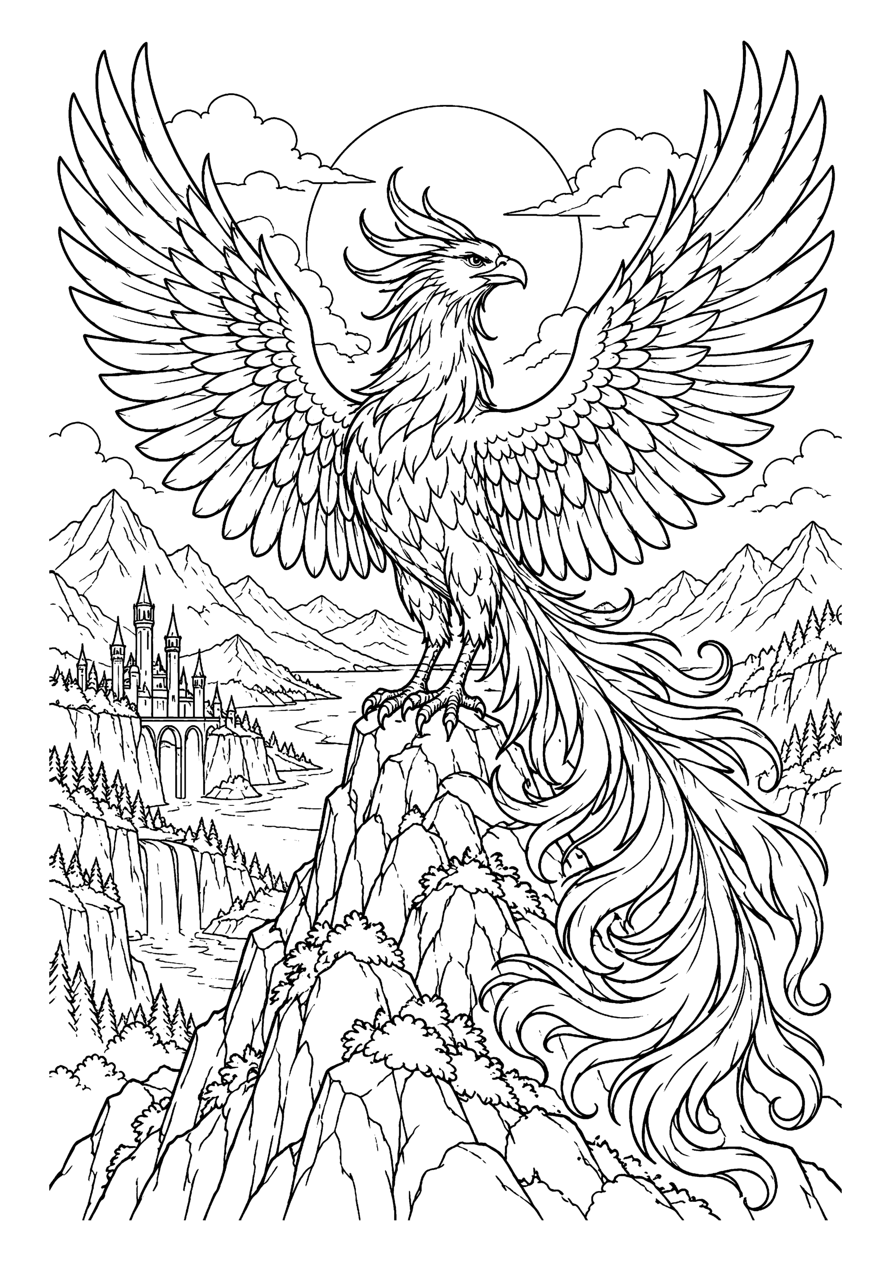 Black-and-white coloring page of a phoenix spreading its wings above a mountain peak, with a large sun behind it.