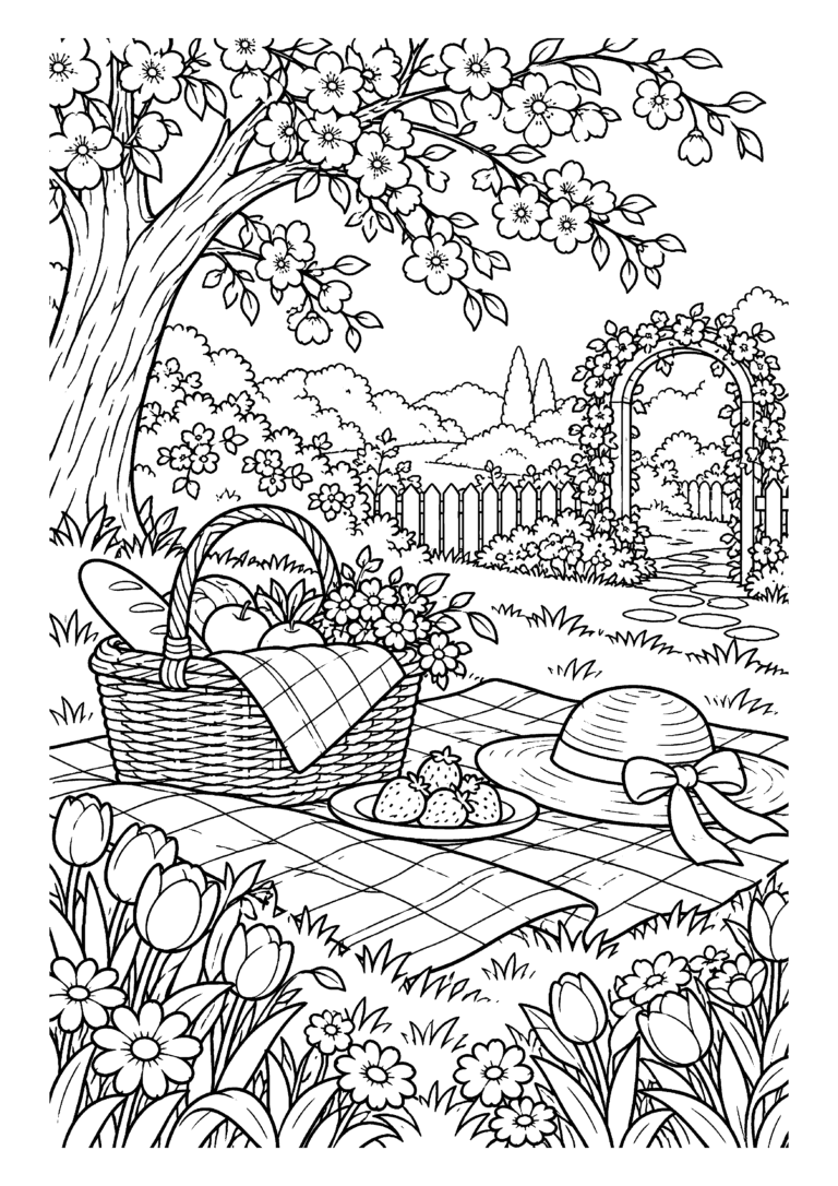 Black-and-white coloring page featuring a picnic basket in a blooming spring garden.
