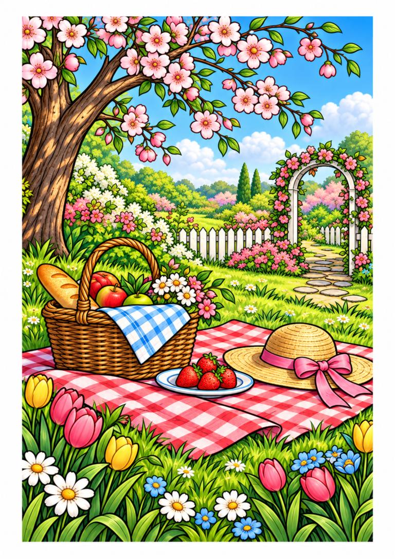 Spring picnic with a basket, strawberries, straw hat, and checked blanket in a blooming garden.