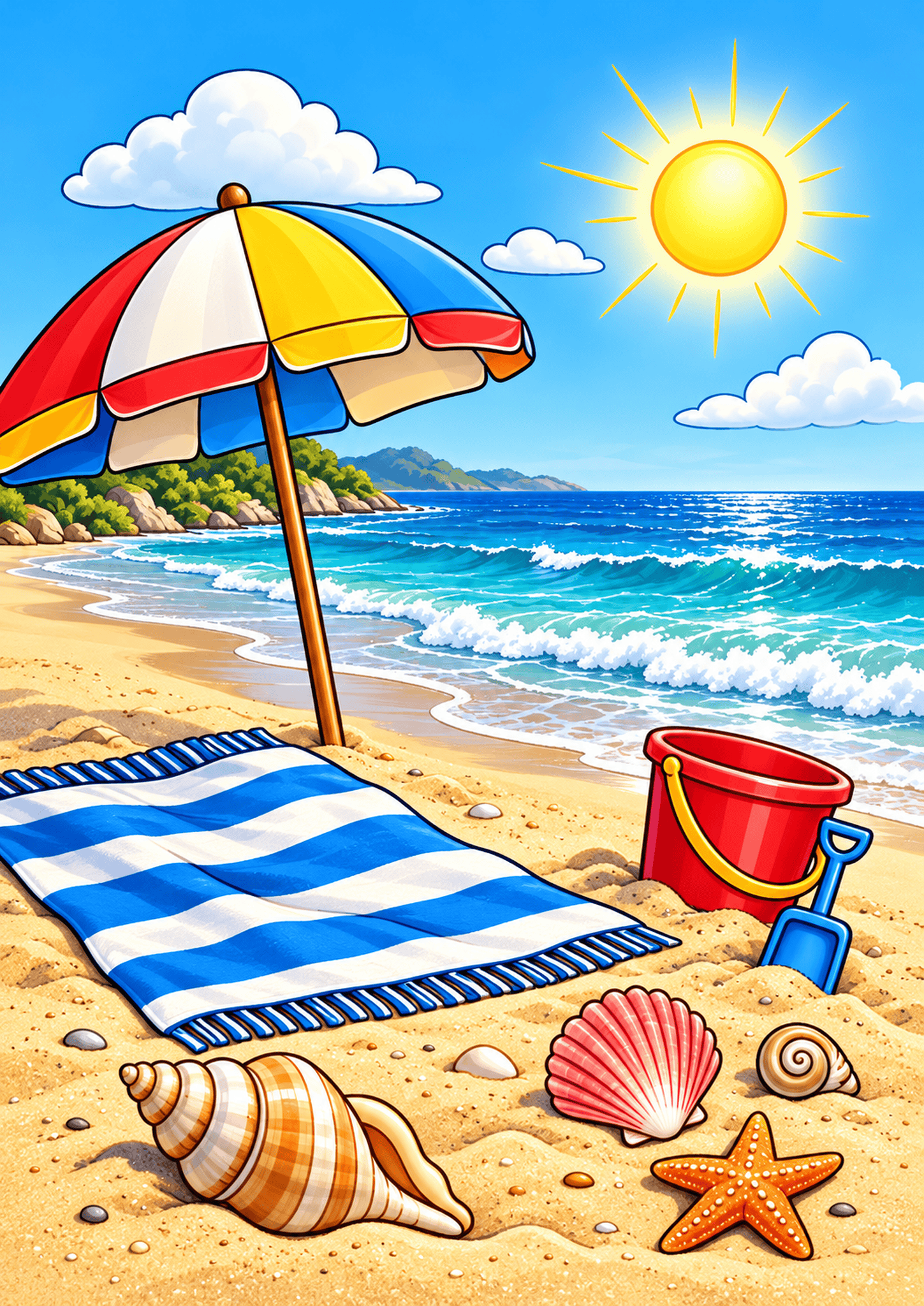 Sunny beach day with a colorful umbrella, striped towel, shells, bucket, and ocean waves.