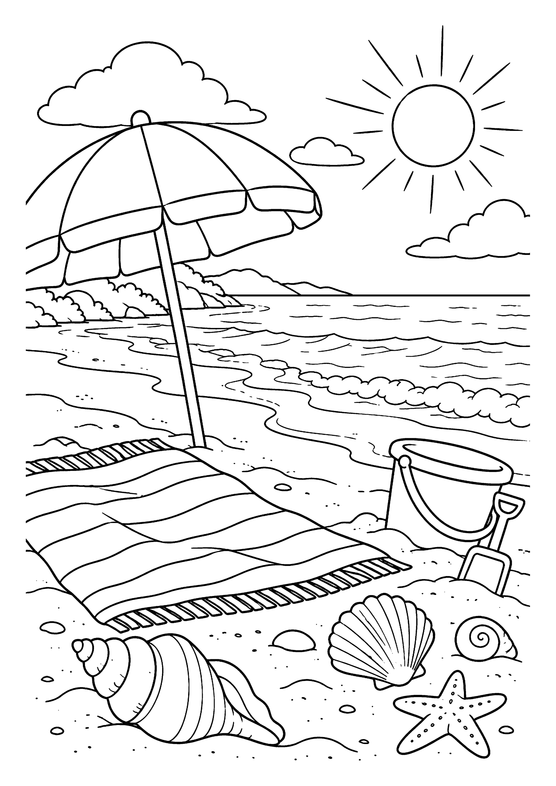 Black-and-white coloring page featuring a sunny beach with shells, waves and beach supplies.