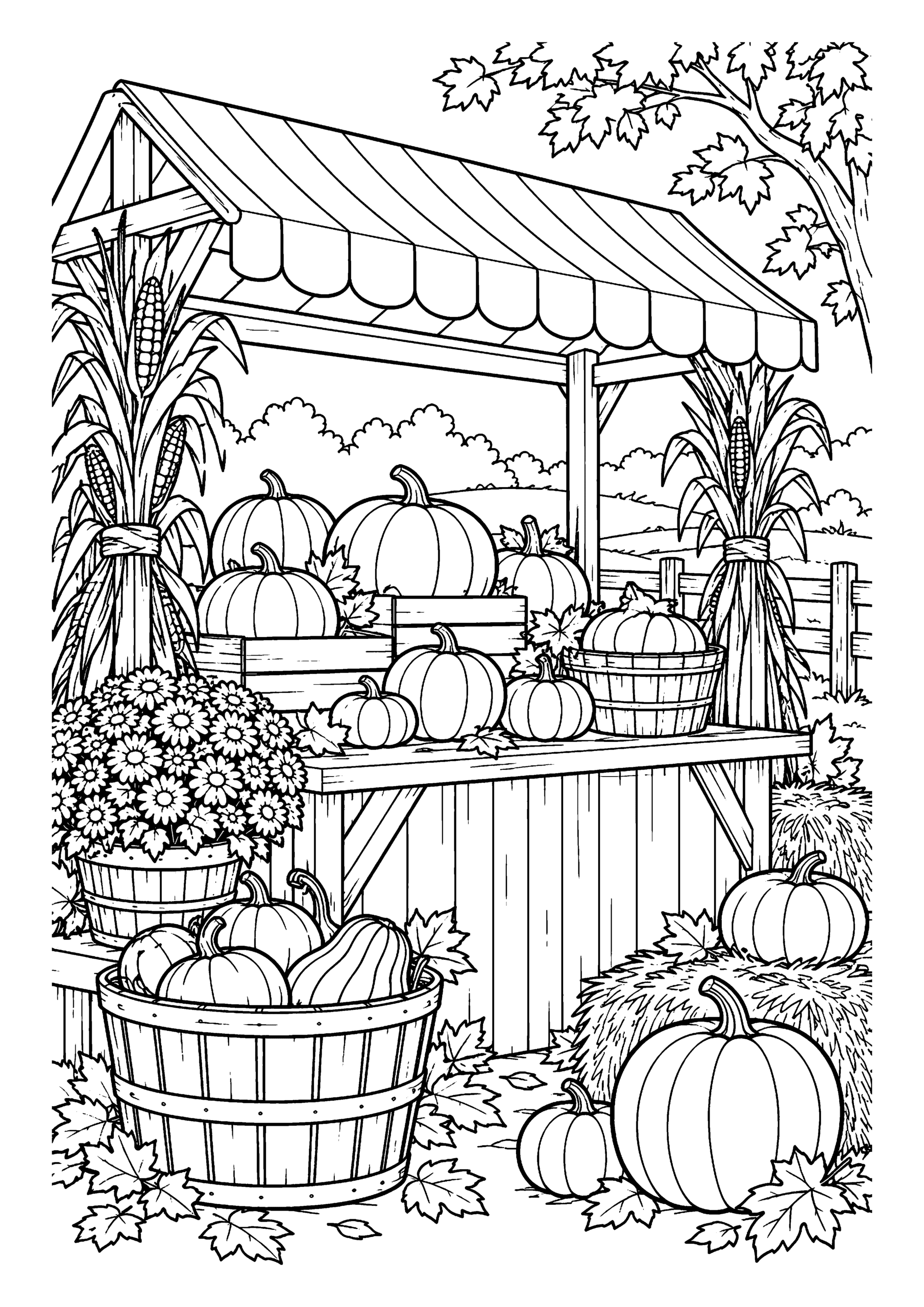 Black-and-white coloring page featuring an autumn market with pumpkins, baskets and seasonal decorations.