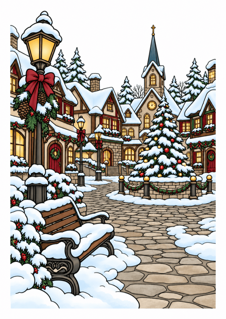 Snow-covered village square with decorated evergreen trees, glowing lamps, and festive houses.