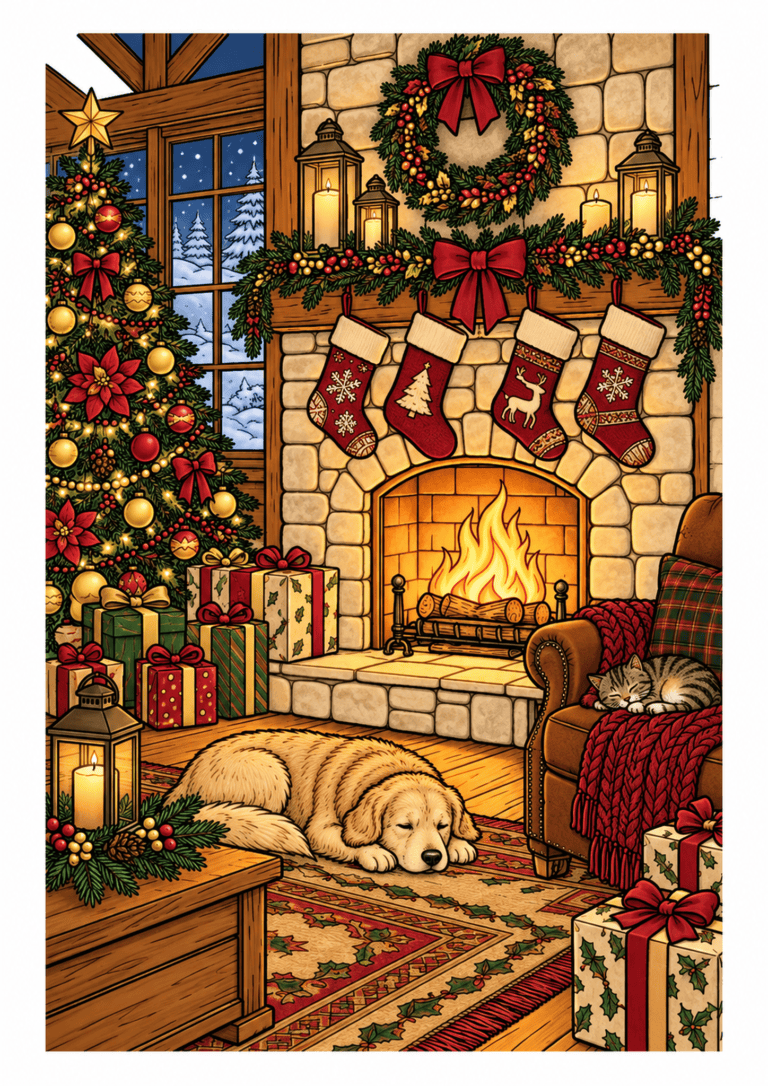 Cozy Christmas room with a lit fireplace, decorated tree, stockings, gifts, and a sleeping dog.