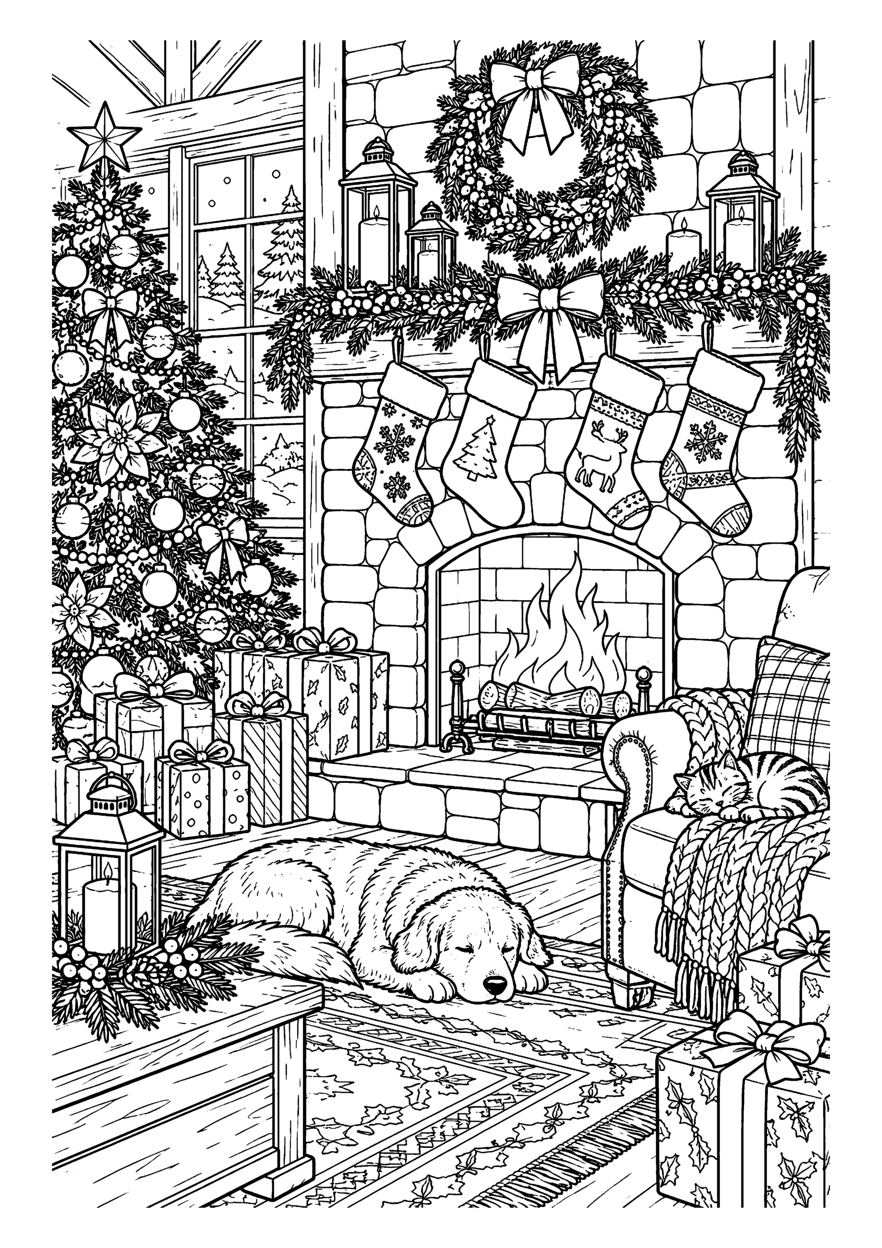 Black-and-white coloring page of a Christmas fireplace decorated with stockings, a wreath, a tree and wrapped presents.
