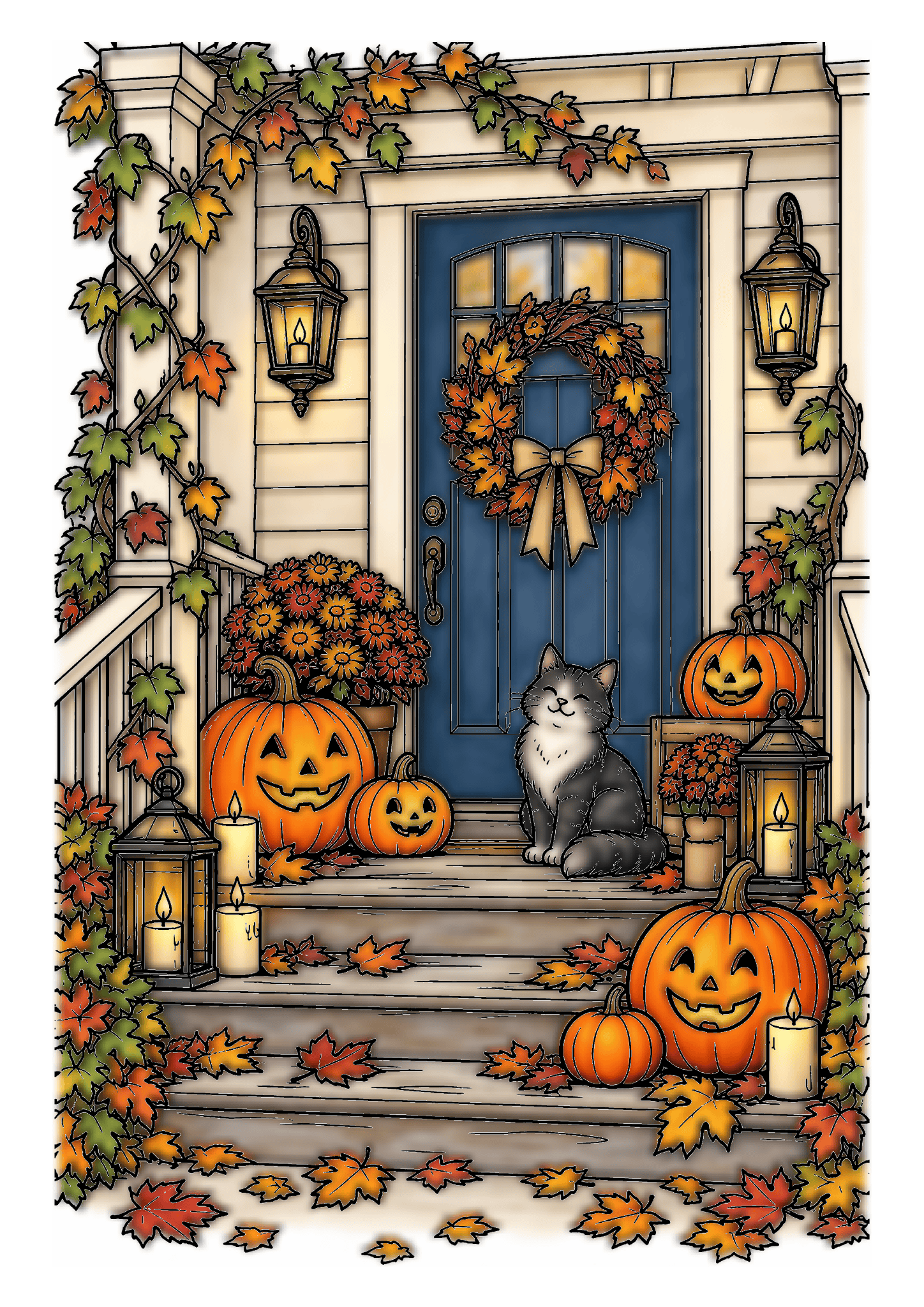 A gray cat sits on an autumn porch with glowing jack-o-lanterns, lanterns, ivy, and a wreath on a blue door.