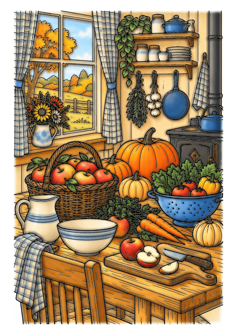 A cozy kitchen table holds bread, apples, pumpkins, carrots, and leafy vegetables beside a sunny window.
