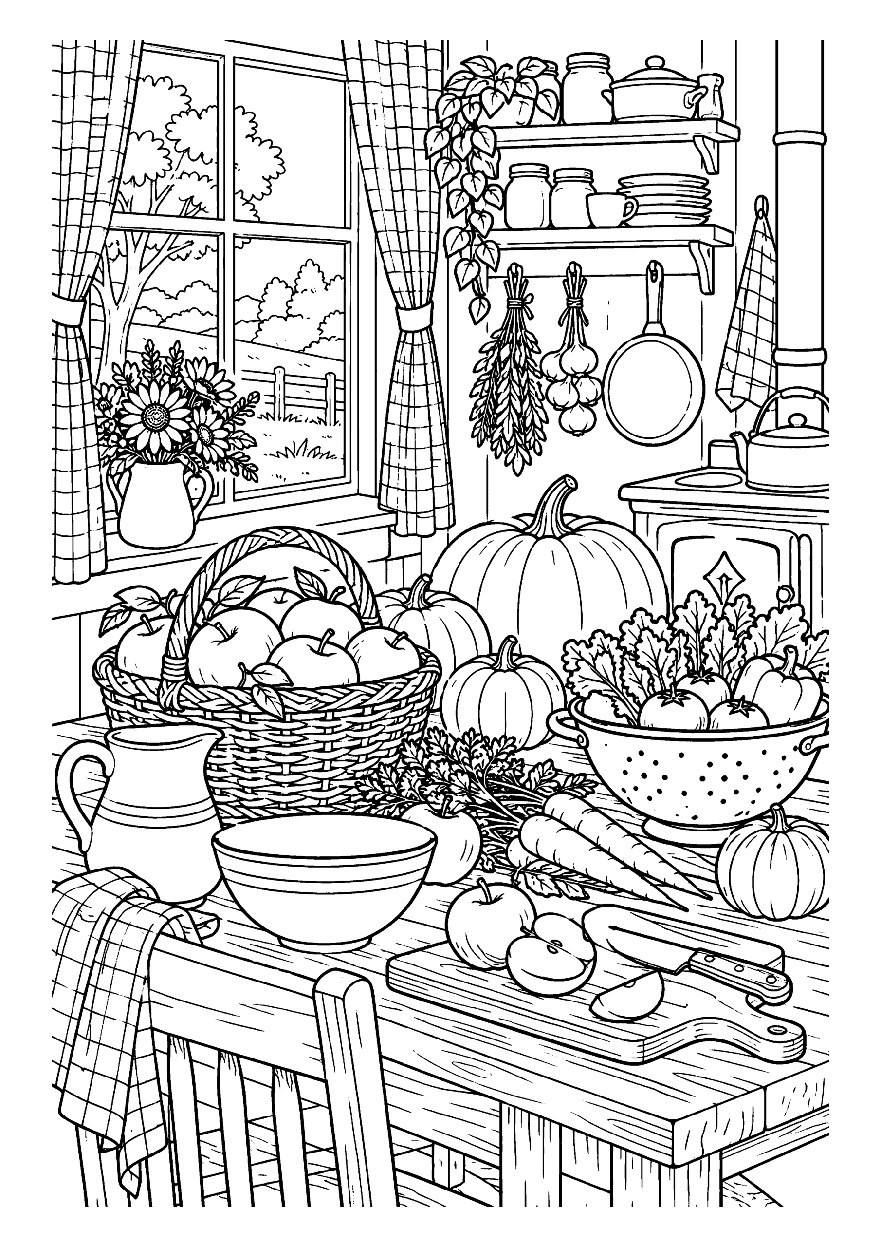 Black-and-white coloring page featuring a cozy kitchen with apples, pumpkins and harvested produce.