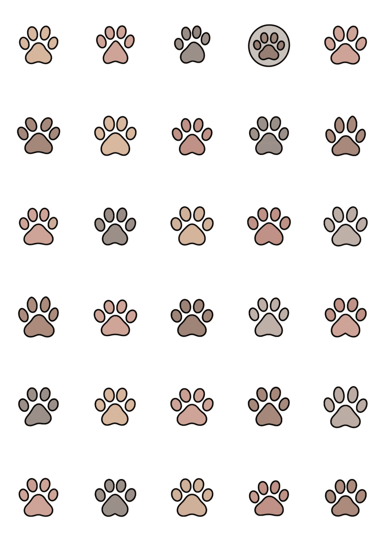 Colored example of the paw print tiny tattoo sheet, with 30 motifs in six rows and a palette of blush, beige, gray.