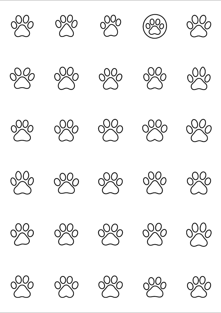Black-and-white coloring and tiny tattoo sheet with 30 separate designs: thirty small paw prints with varied pad shapes and one circular paw emblem.