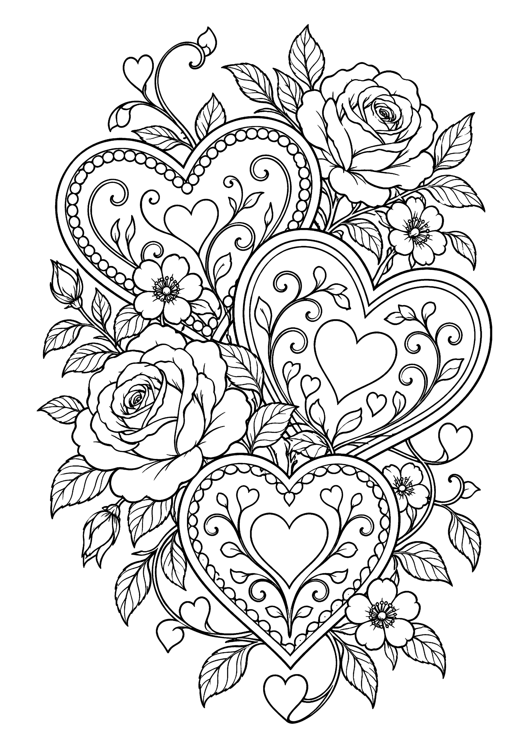 Black-and-white coloring page of decorative hearts surrounded by flowers.