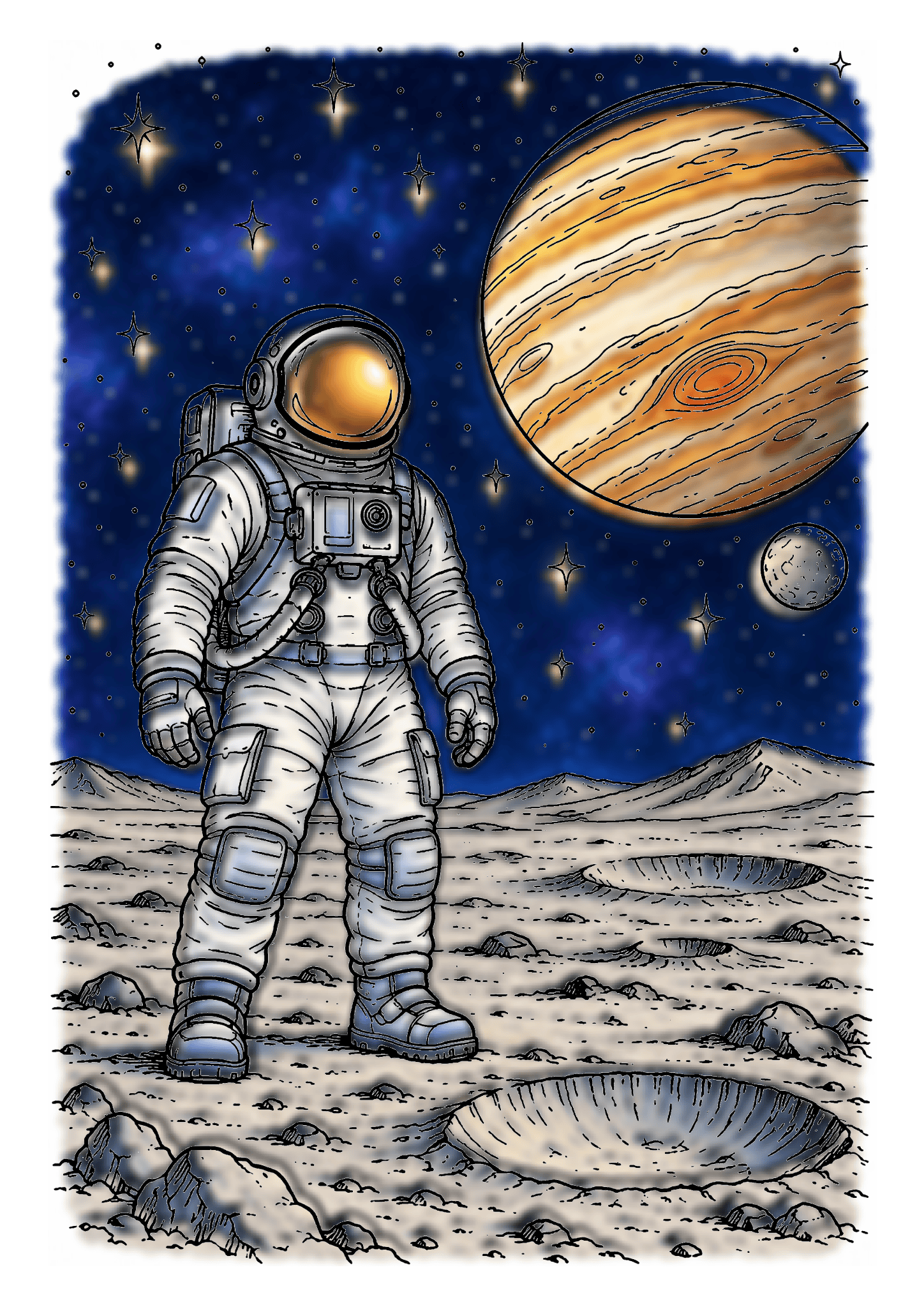 An astronaut stands on the gray lunar surface beneath a starry sky and a large golden striped planet.