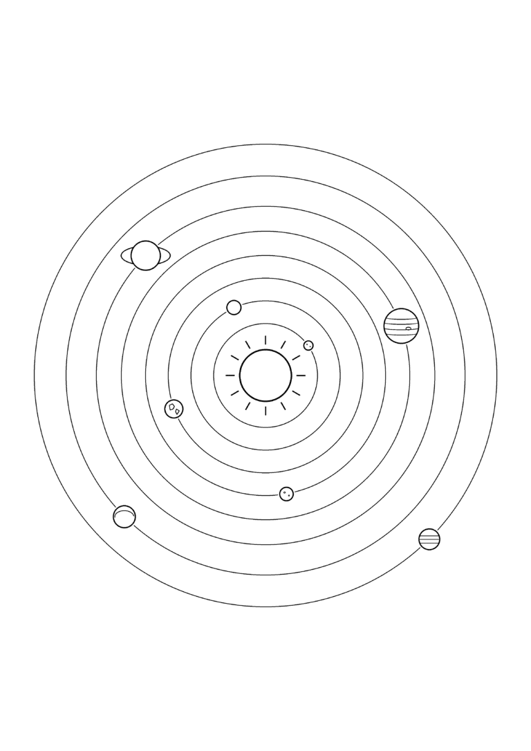 Black-and-white coloring page of the sun and planets arranged on circular orbits in a simple solar system diagram.
