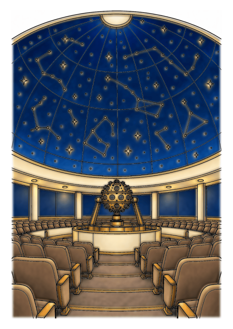 Rows of brown seats face a brass projector beneath a midnight-blue dome of stars and constellations.