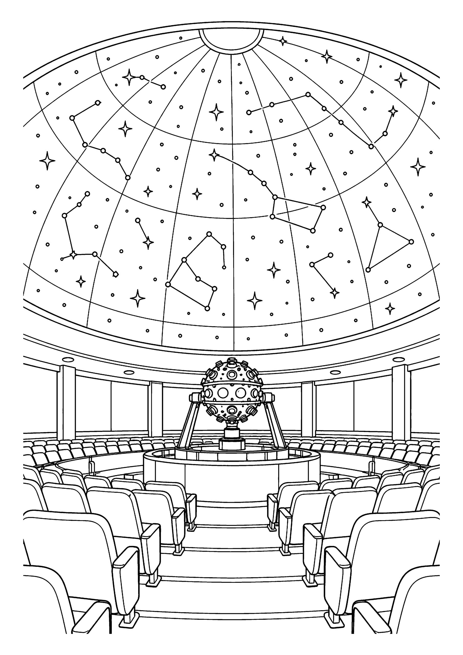 Black-and-white coloring page of a planetarium with rows of seats, a telescope and star constellations across the dome.