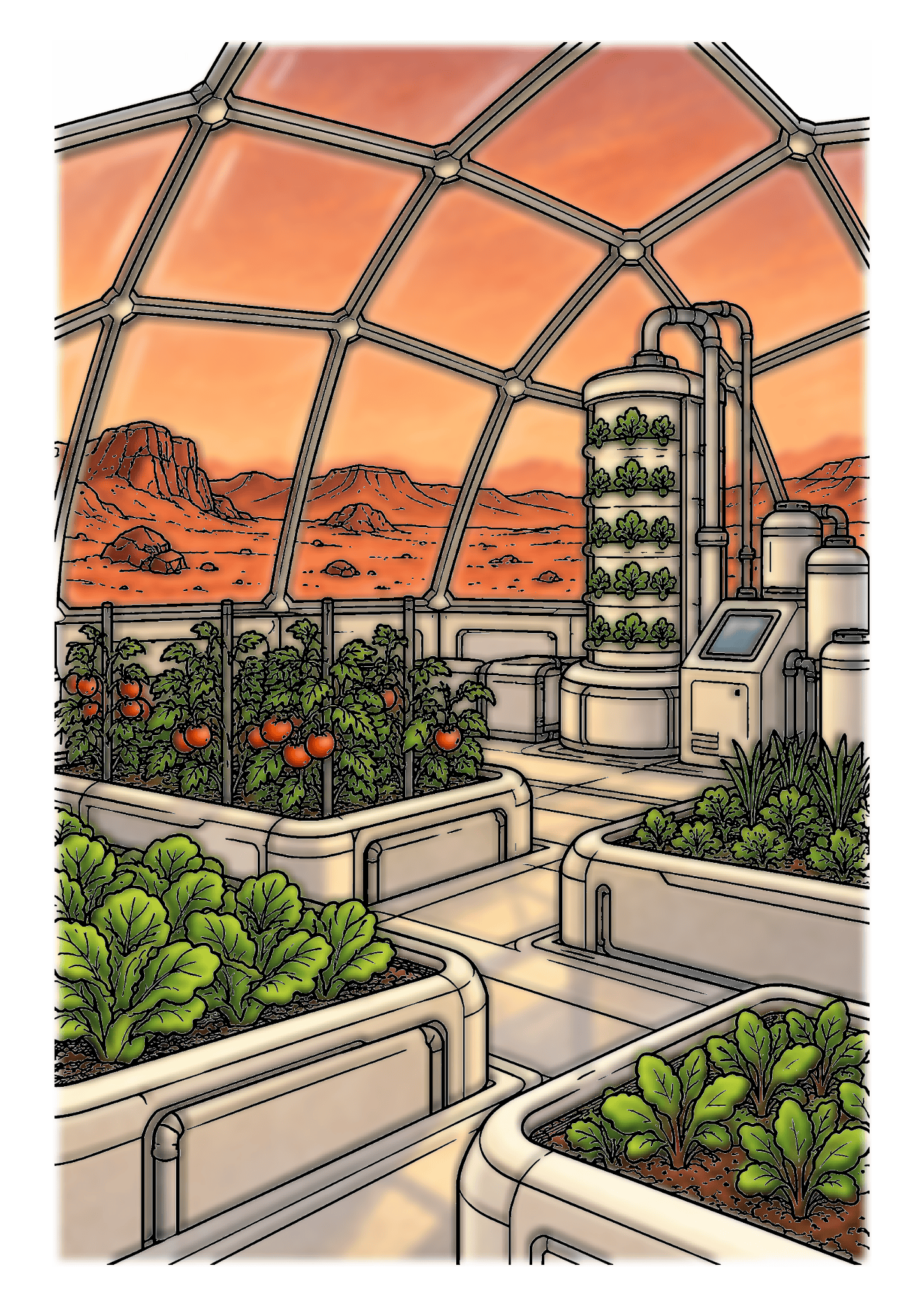 Green vegetable beds fill a glass greenhouse overlooking a red Martian landscape at sunset.