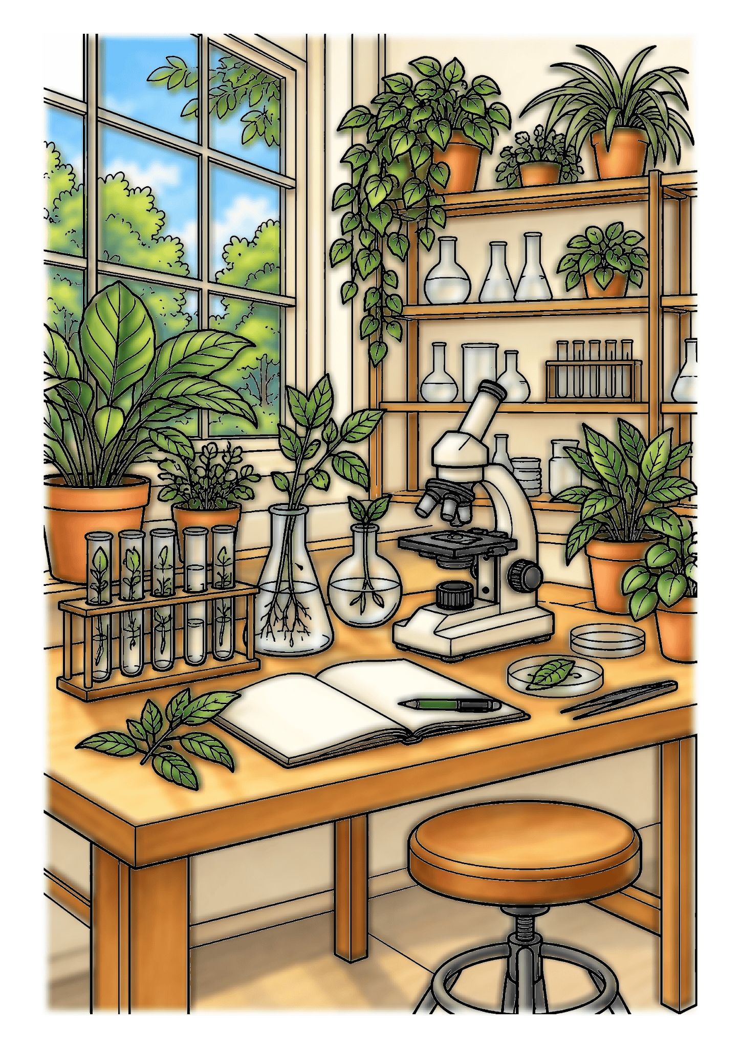 Potted plants, glass vessels, and a microscope fill a sunlit botanical laboratory with a wooden worktable.