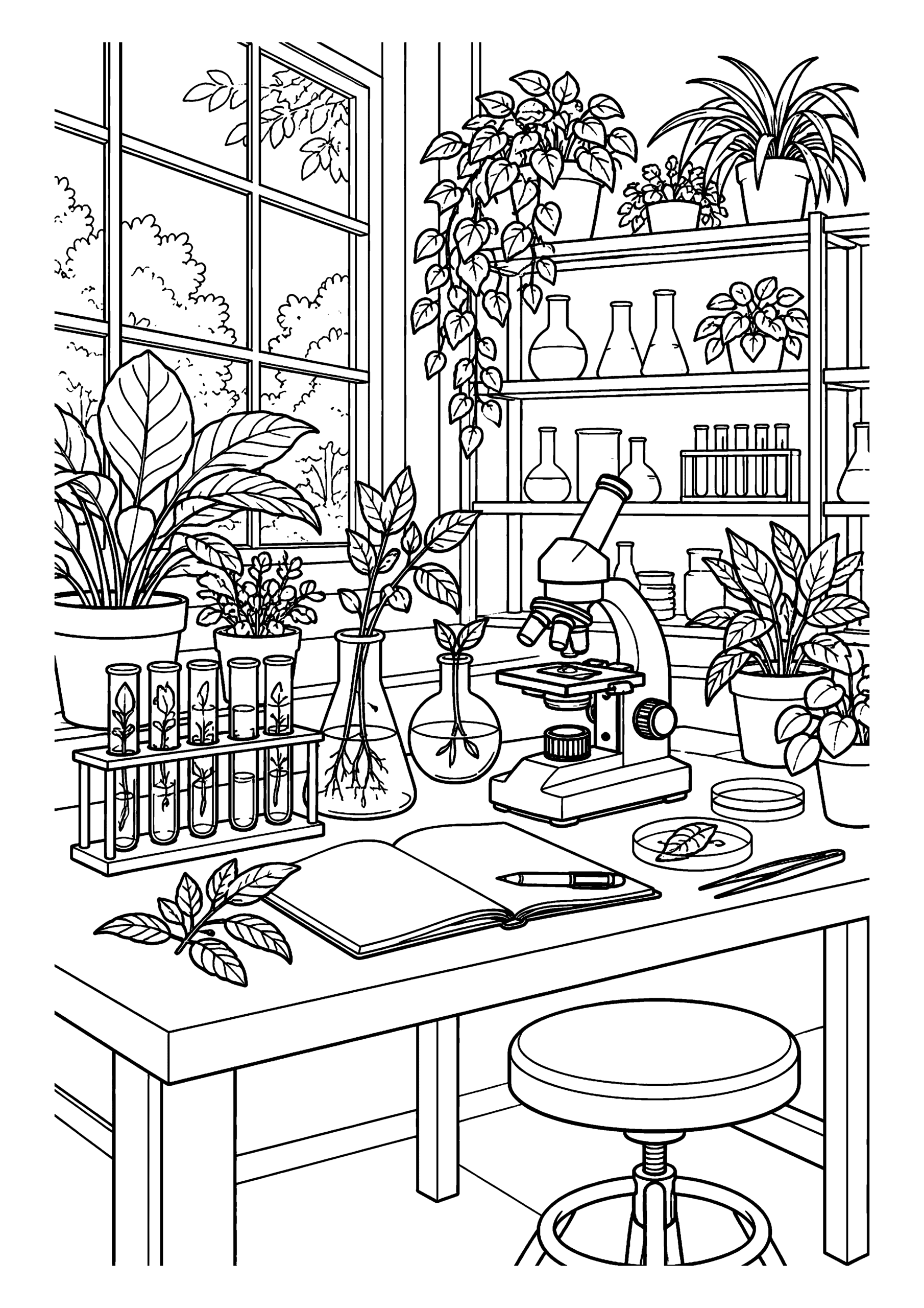 Black-and-white coloring page featuring a laboratory with plants, jars and research equipment.