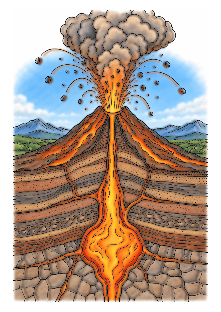A volcano erupts above layered rock while glowing orange magma flows through its central chamber.