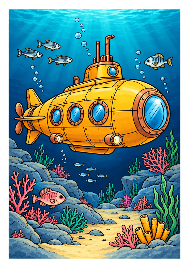 A yellow submarine with blue portholes passes fish, coral, and rocks in deep blue water.