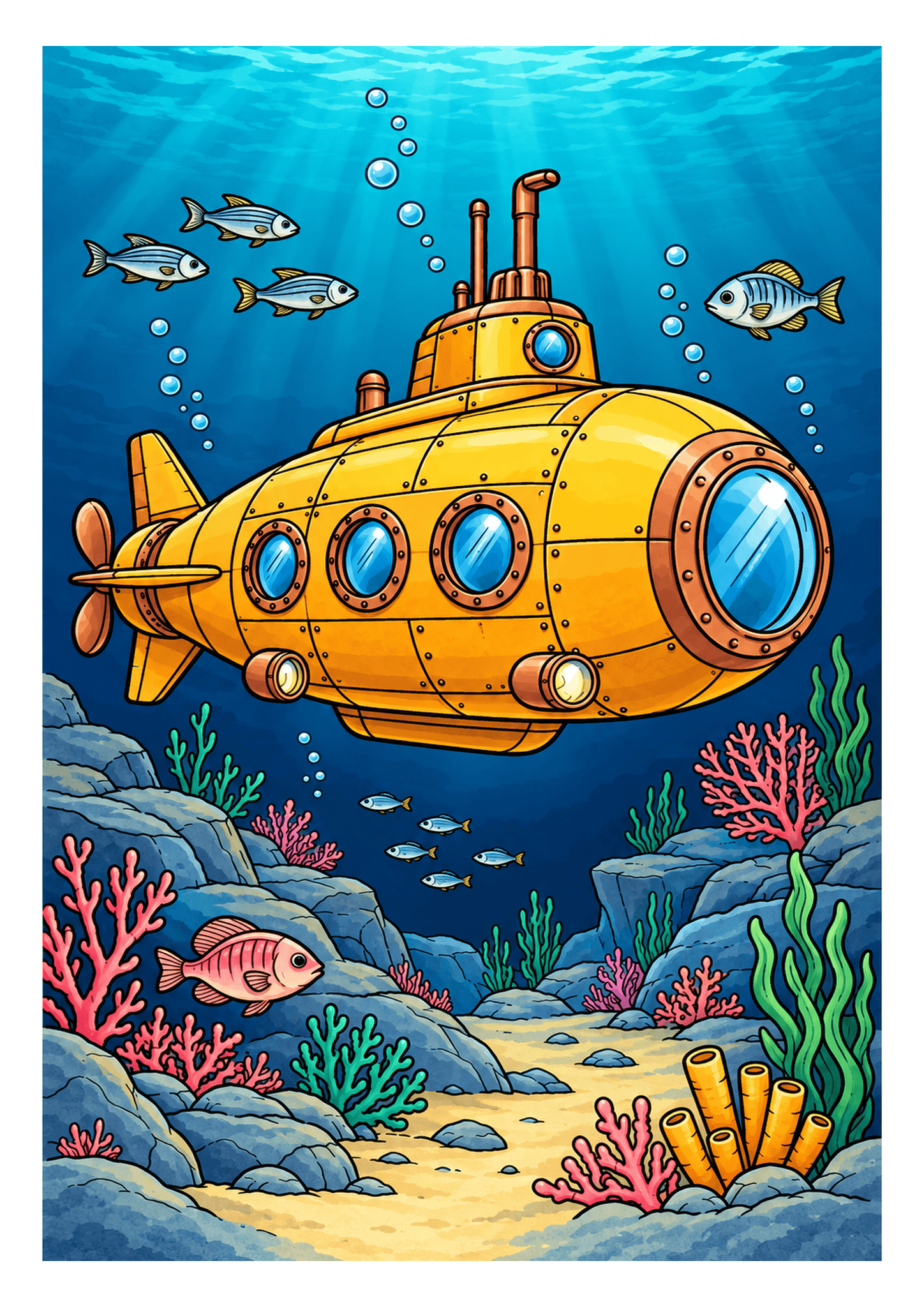 A yellow submarine with blue portholes passes fish, coral, and rocks in deep blue water.