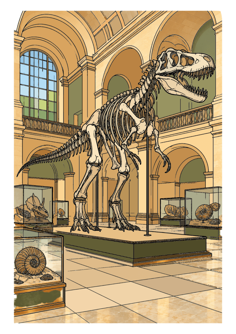 A large dinosaur skeleton stands in a warm-toned museum hall with arched windows and fossil displays.