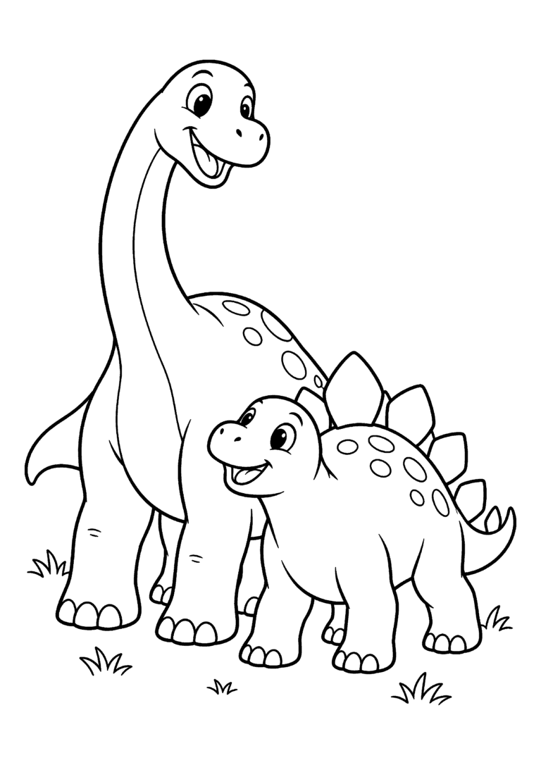 Black-and-white coloring page of two smiling cartoon dinosaurs standing together on a grassy patch.