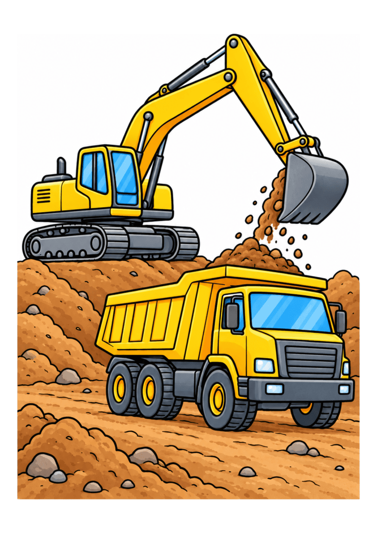 A yellow excavator tips earth toward an orange dump truck on a sandy construction site.