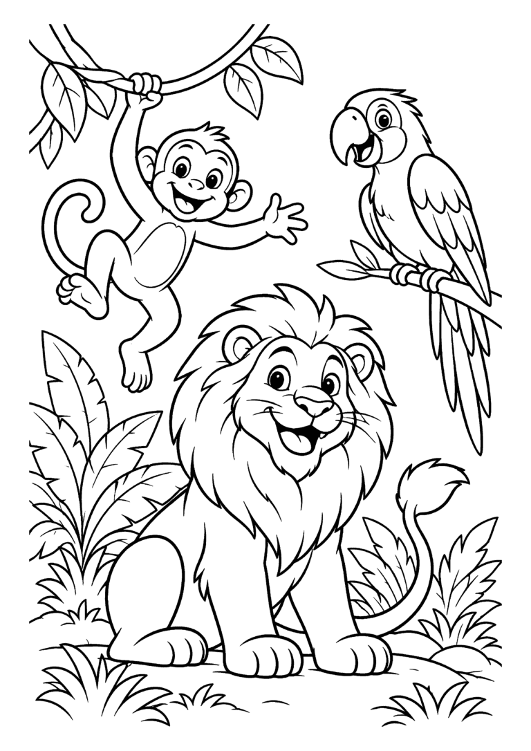 Black-and-white coloring page of a cartoon lion, monkey and parrot among tropical jungle leaves.