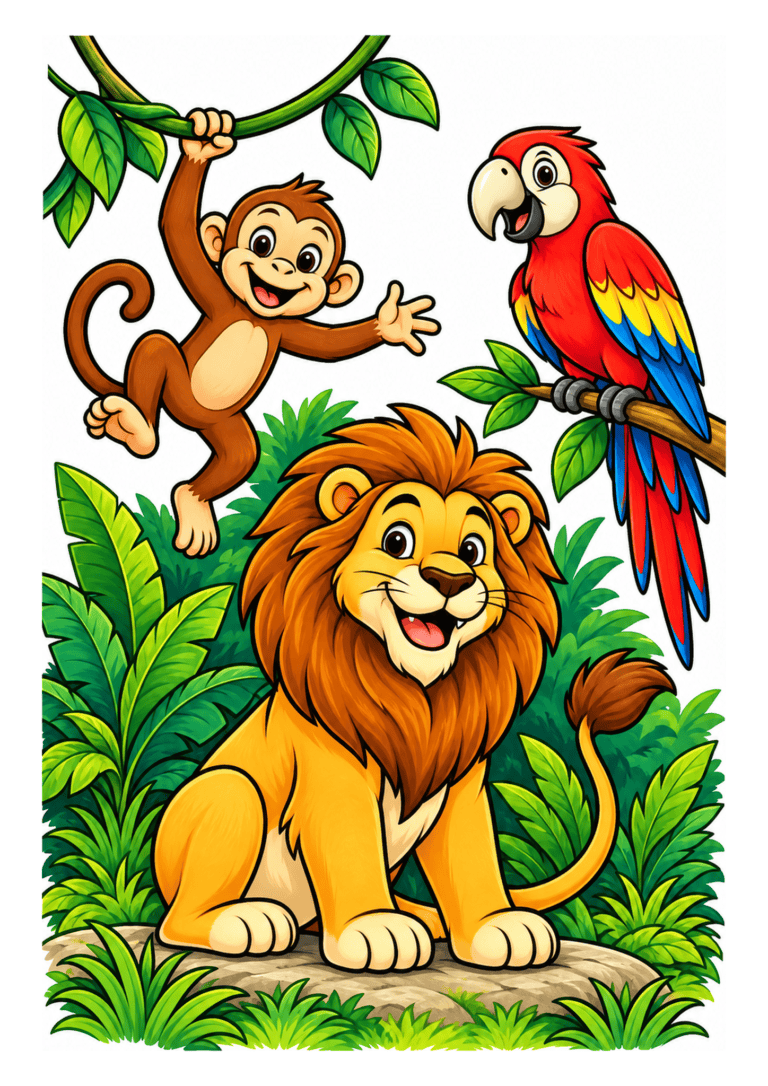 A friendly lion, monkey, and colorful parrot gather among lush jungle plants.