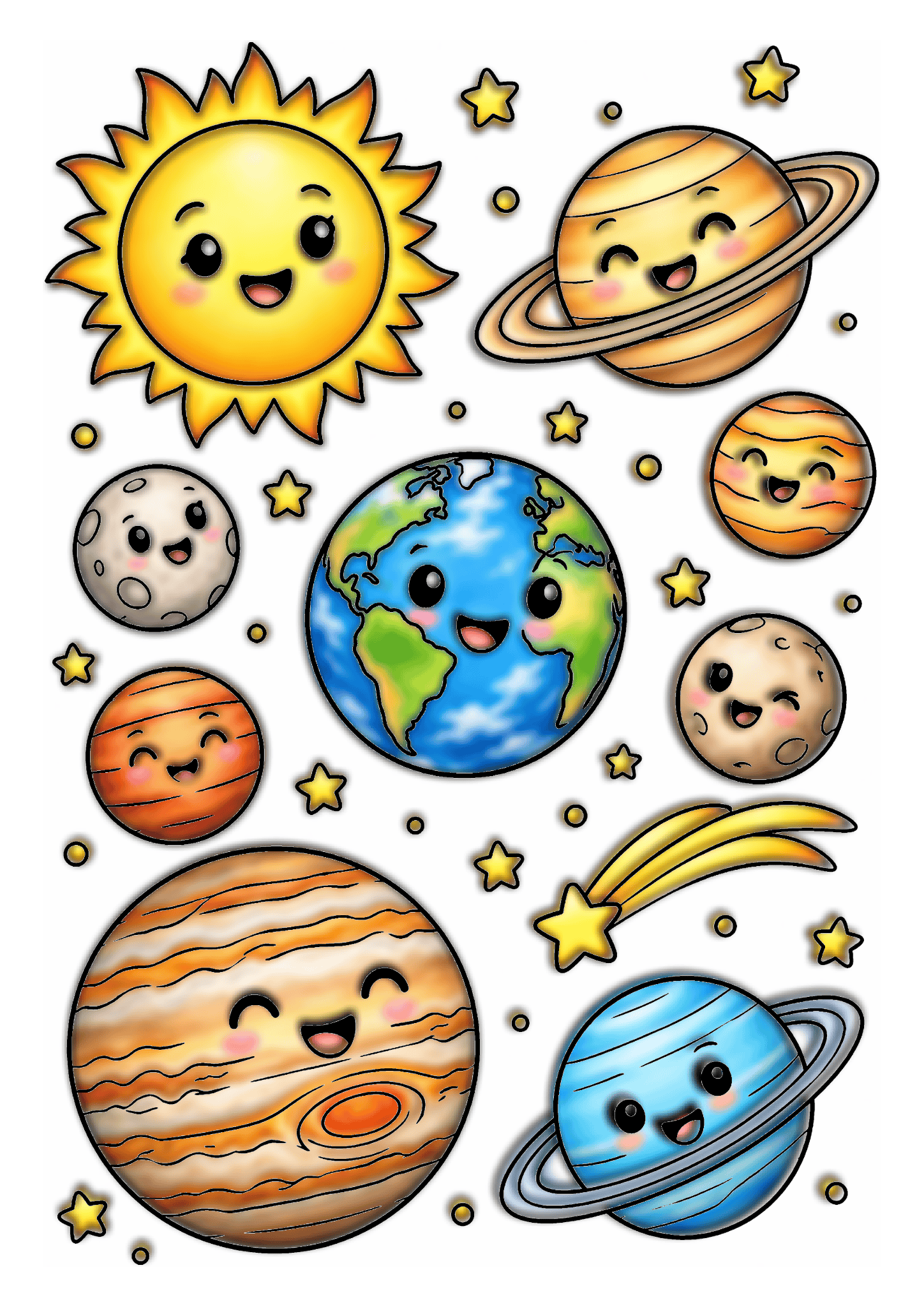 A smiling yellow sun and colorful expressive planets float with stars and a shooting star on white.