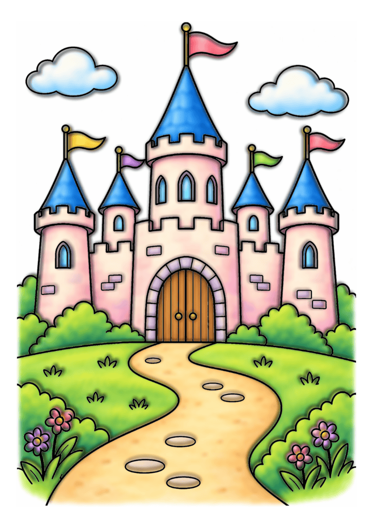 A pink castle with blue spires and small flags stands beyond a winding path, green lawn, and flowers.