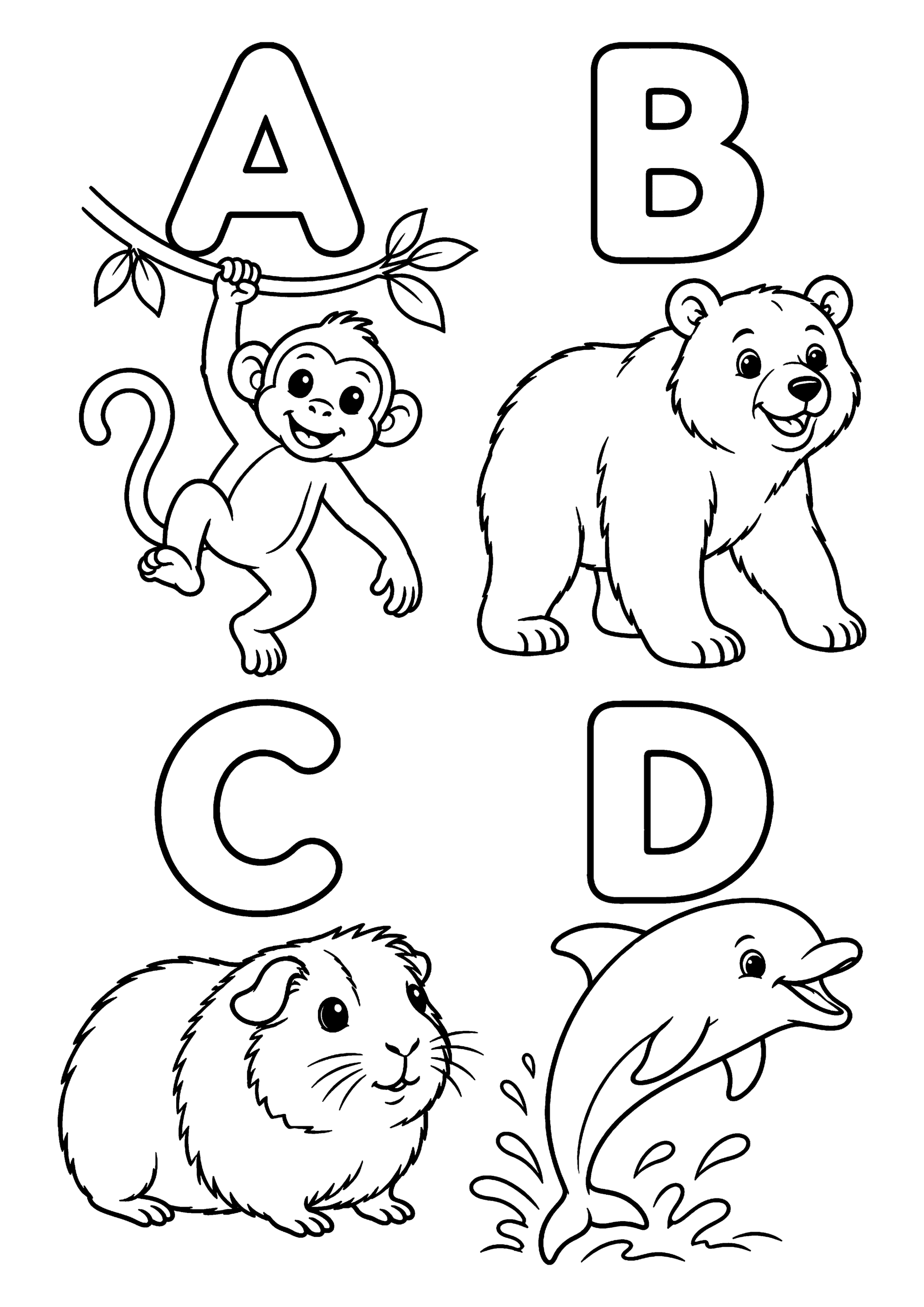 Black-and-white coloring page of the letters A, B, C and D alongside a monkey, bear, guinea pig and dolphin.