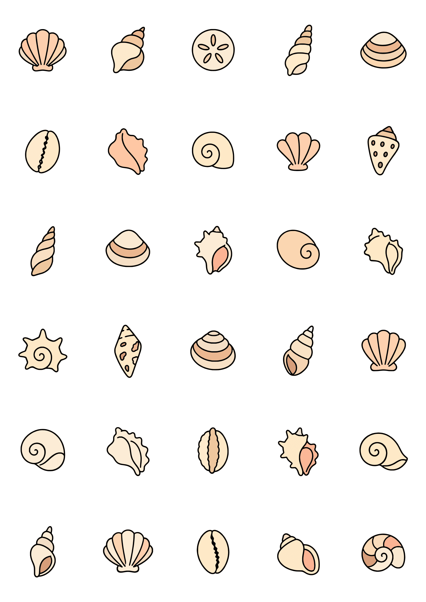 Colored example of the seashell tiny tattoo sheet, with 30 motifs in six rows and a palette of cream, peach, pink, tan.