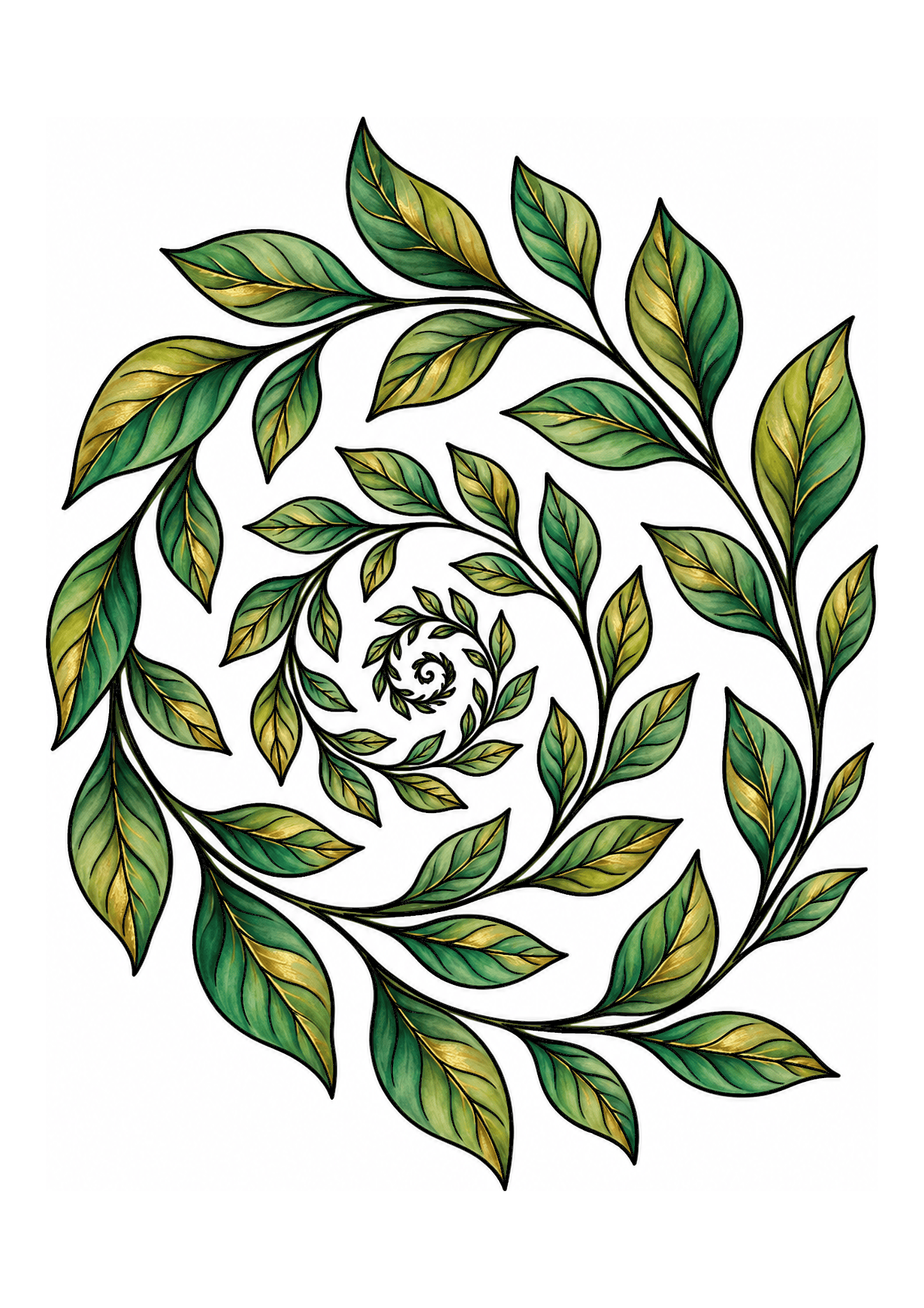 Green leafy branches curl inward around a small central floral rosette on a white background.
