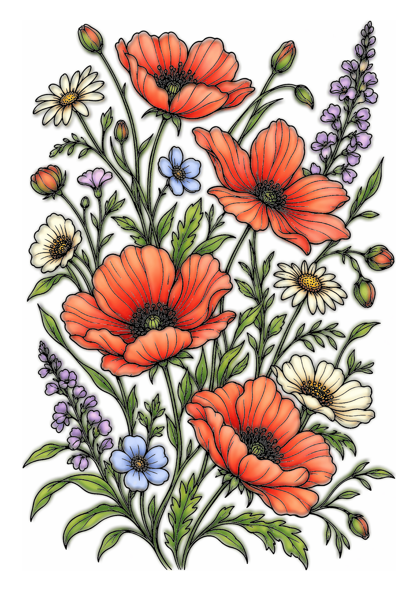 Coral poppies, cream daisies, small blue and purple flowers, and green foliage form a flowing bouquet.